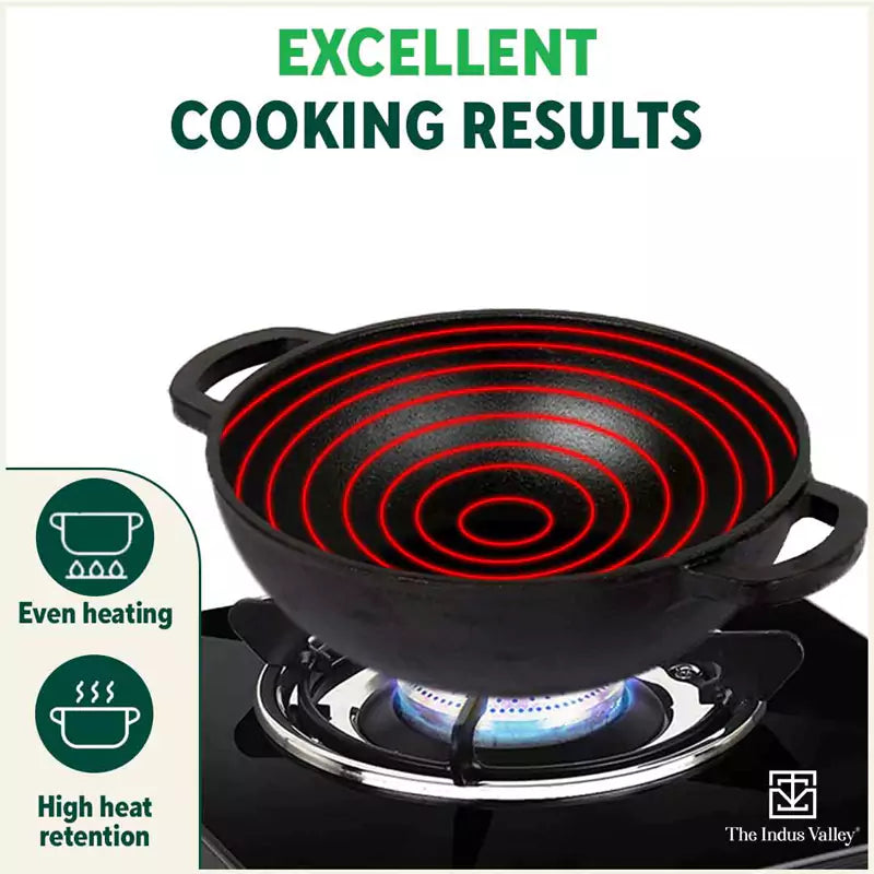 The Indus Valley CASTrong Cast Iron Kadai ,Pre-seasoned, Nonstick, 100% Pure, Toxin-free, Induction, Spatula, 25.4 cm, 2.3L, 2.5kg