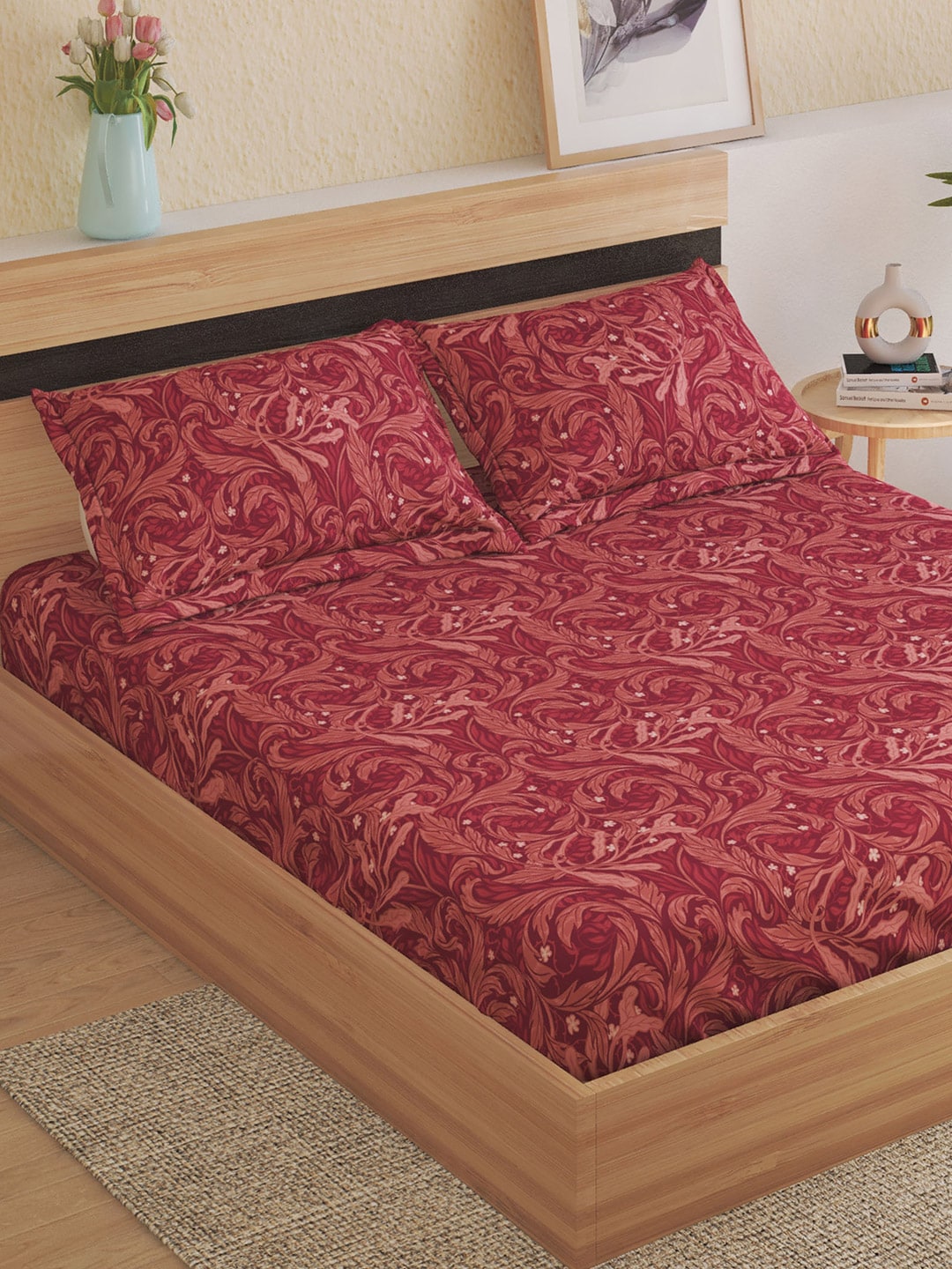 Home Centre Red Ethnic Motifs Cotton 150 TC King Bedsheet With 2 Pillow Covers
