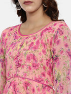 Souchii Pink & Yellow Floral Printed Fit & Flare Dress - Distacart