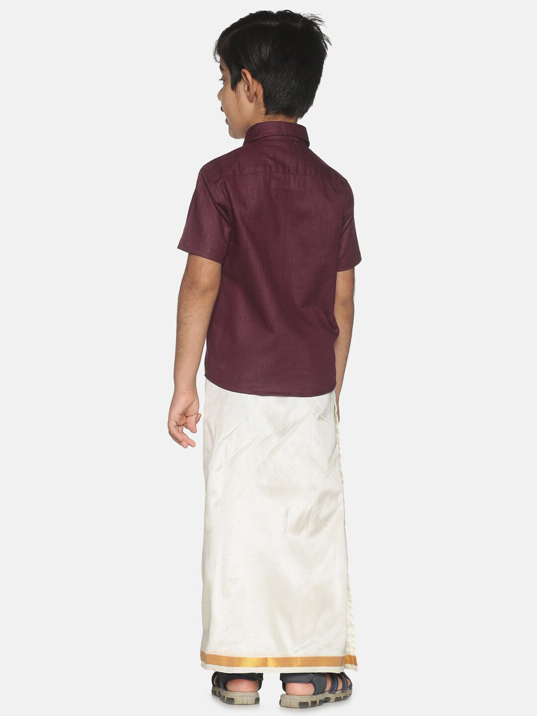 Sethukrishna Boys Maroon & White Pure Cotton Shirt with Dhoti