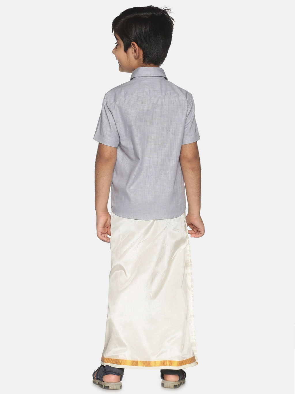 Sethukrishna Boys Grey & White Pure Cotton Shirt With Veshti Set