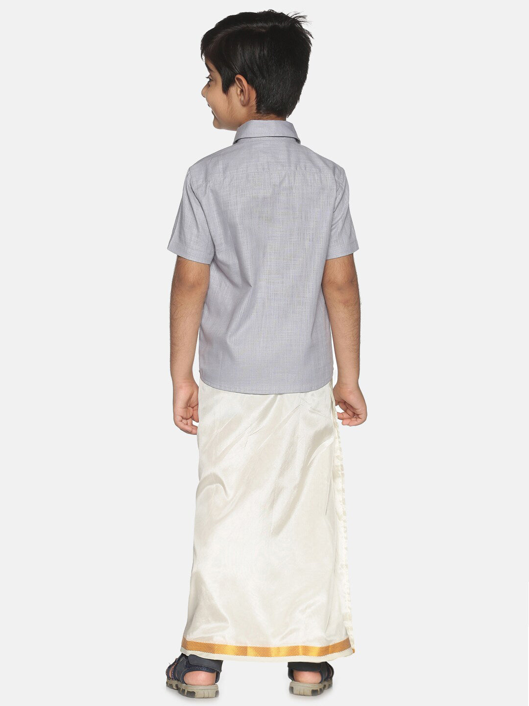 Sethukrishna Boys Grey & White Pure Cotton Shirt With Veshti Set