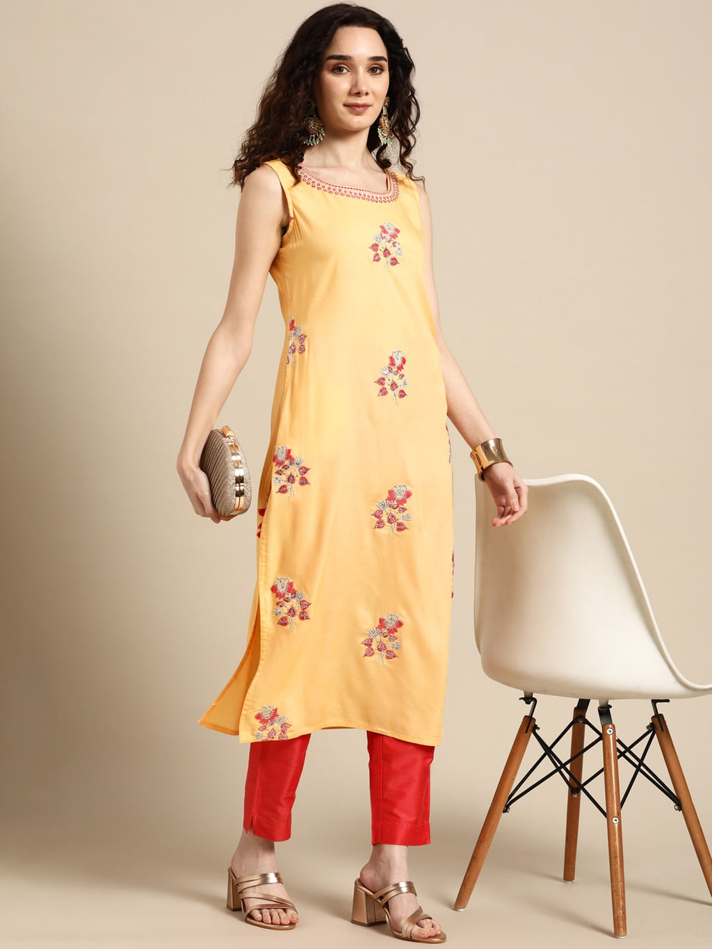 Sangria Women Yellow Floral Embroidered Sequinned Kurta with Trousers