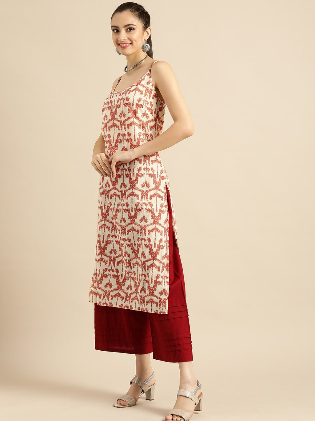 Sangria Women White & Rust Red Printed Cotton Kurta