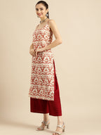 Sangria Women White & Rust Red Printed Cotton Kurta