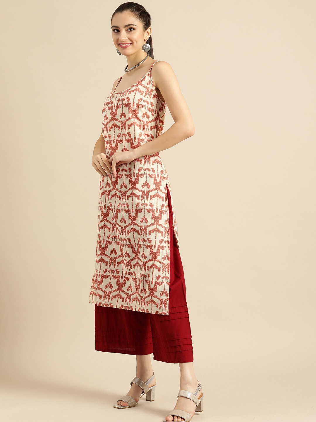 Sangria Women White & Rust Red Printed Cotton Kurta