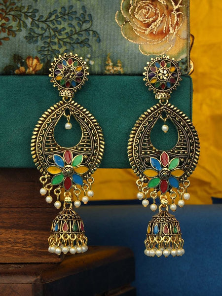 Anikas Creation Gold-Toned & Multicoloured Contemporary Jhumkas Earrings