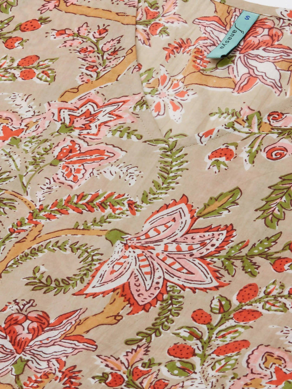 Janasya Beige & Pink Floral Printed Floral Kaftan Kurta - Distacart