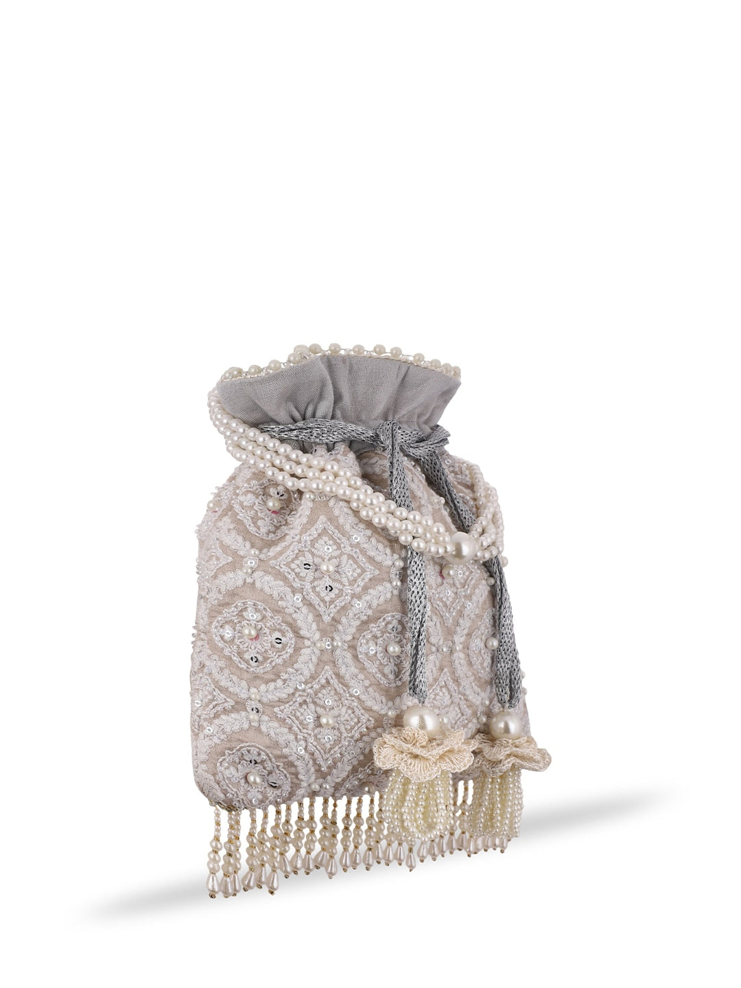 Masq Tan & White Embroidered Potli Clutch - Distacart