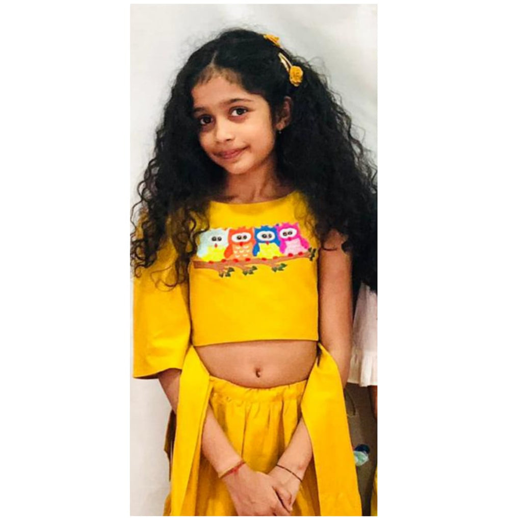 ArthLife Owl Embroidery Mustard Yellow Ghagara Dress