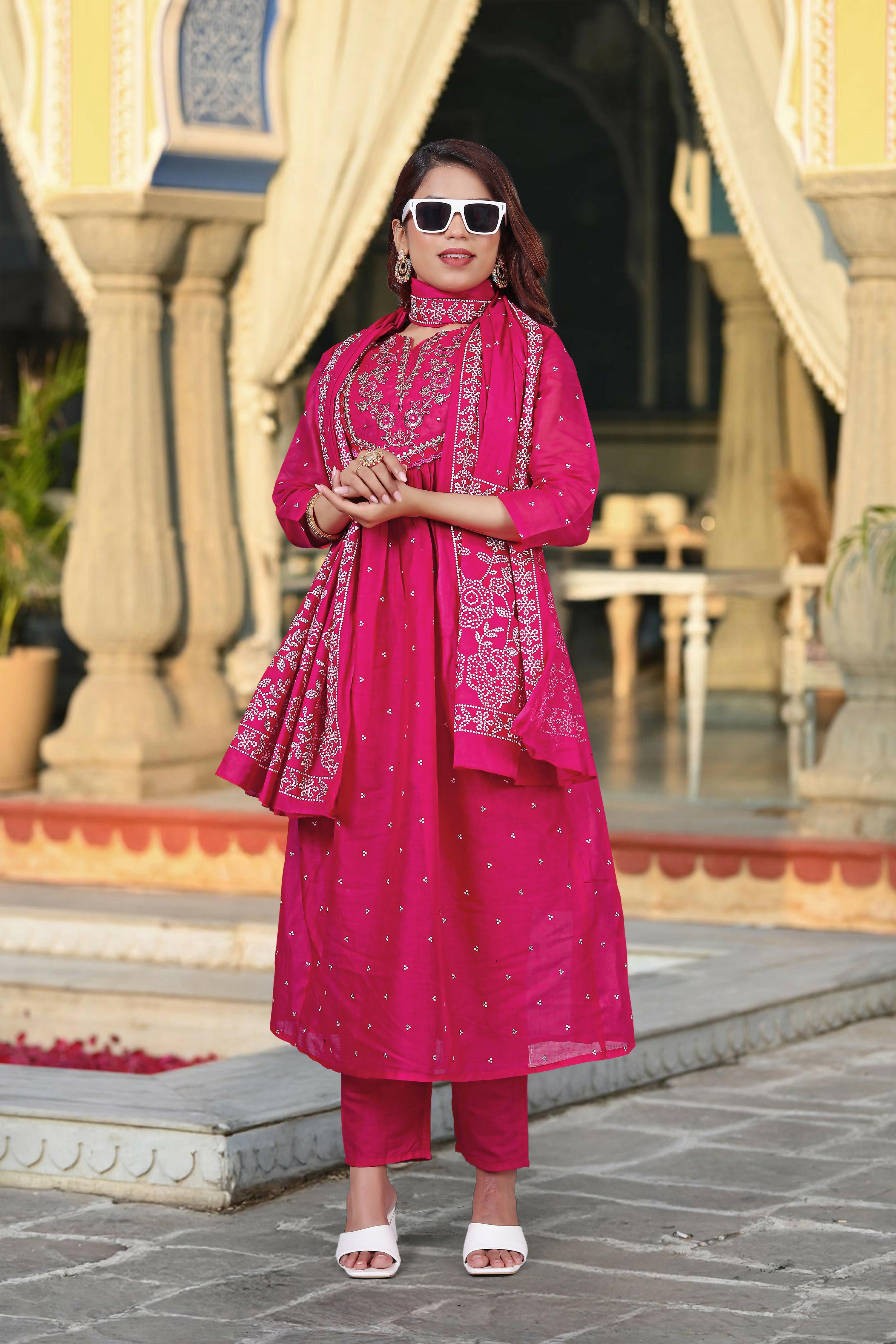 The52 Women's Beautiful Cotton Fabric Embroidery Work Straight Kurta Pant and Dupatta Set - Distacart