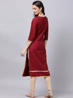 Souchii Maroon & Yellow Thread Work Grandeur & Majestic Artwork Cotton Kurta - Distacart