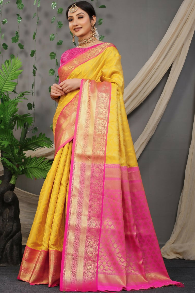 Jyoti Fashion Women's Yellow Kanjivaram Silk Zari Woven Saree with Blouse