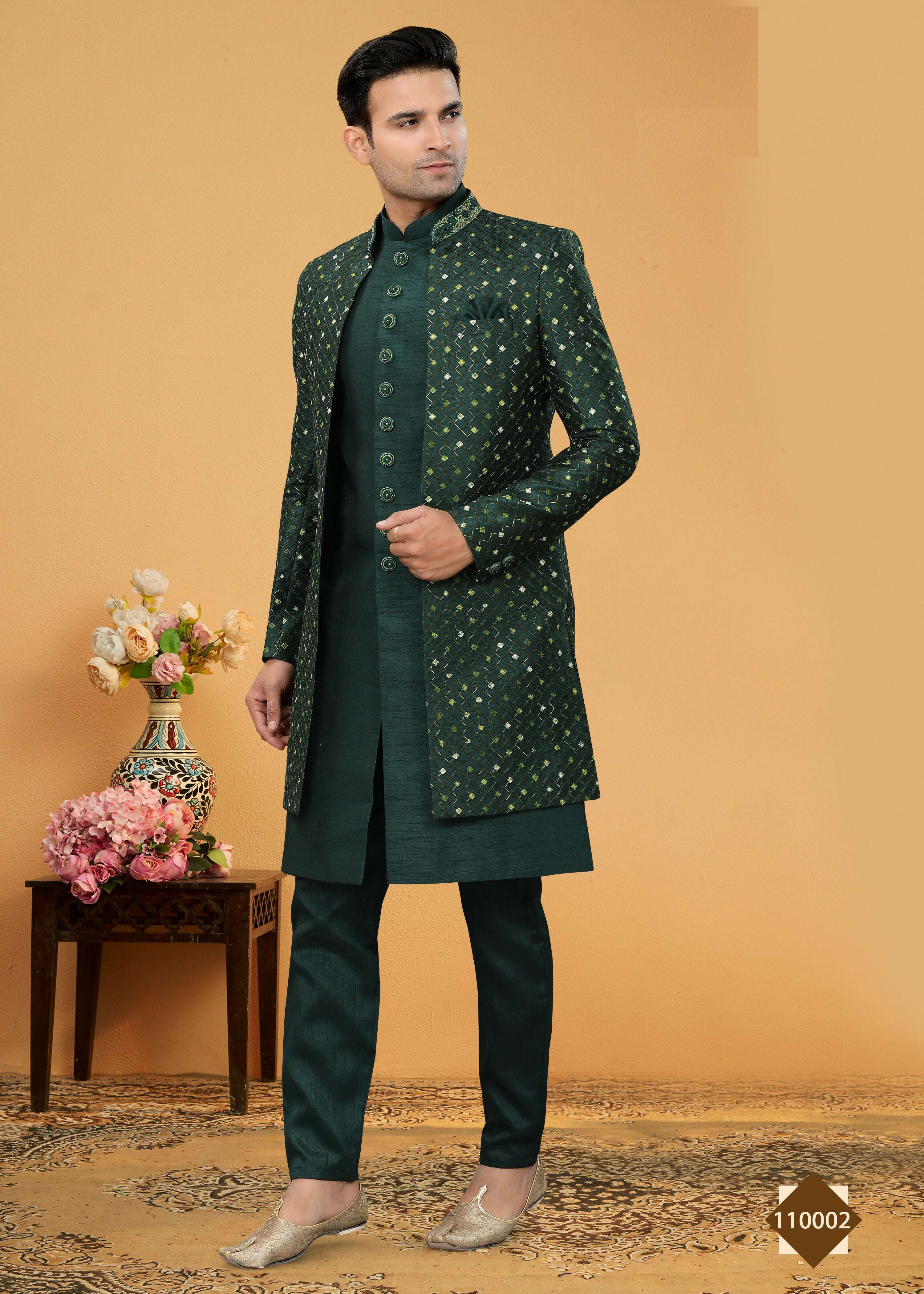 Joban Fashion Men's Green Art Silk Plain Kurta Pyjama set
