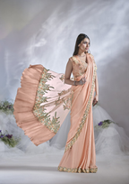 Peach Crepe Satin Silk Designer Ready to wear saree with stithced Blouse - Mohmanthan Aura