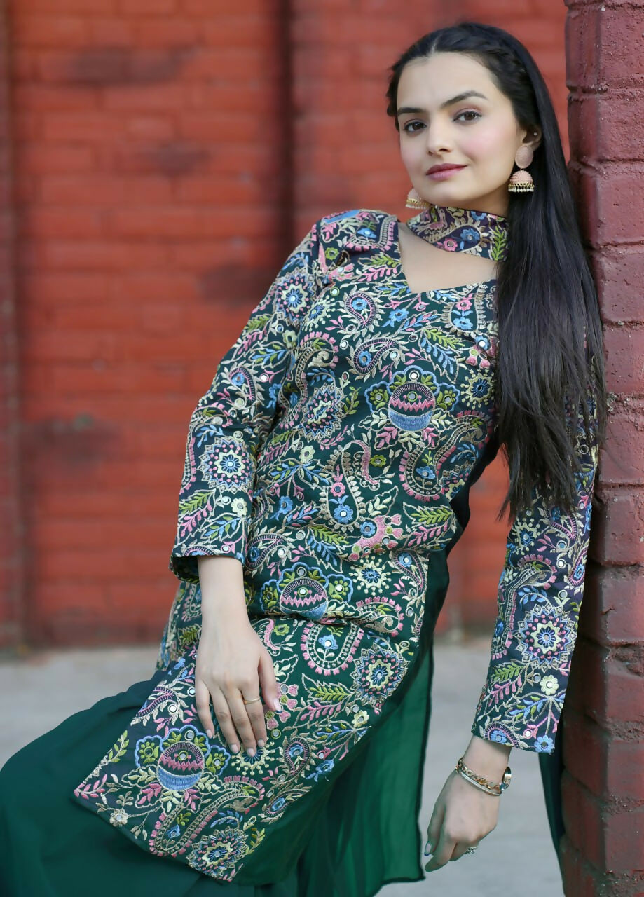 Joban Fashion Green Silk Embroidered Sharara Set - Distacart
