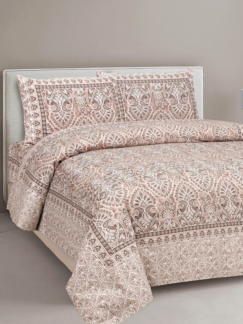 Lali Prints Brown & White Ethnic Motifs Cotton 180 TC King Bedsheet with 2 Pillow Covers