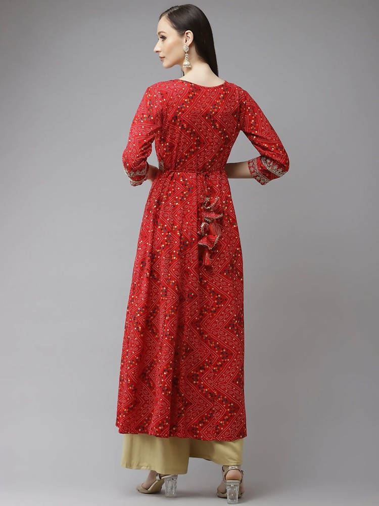 Yufta Women Red Bandhani Printed Kurta