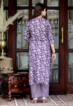 Miravan Women's Floral Block Printed Purple Angrakha Kurta With Floral Palazzo
