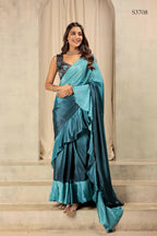 Blue Satin Solid Designer, Printed Party Wear Ready To Wear Saree - Nasreen