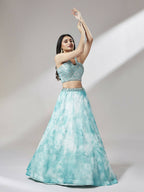 House of Panchhi Turquoise Blue Organza Floral Printed Lehenga choli & Dupatta