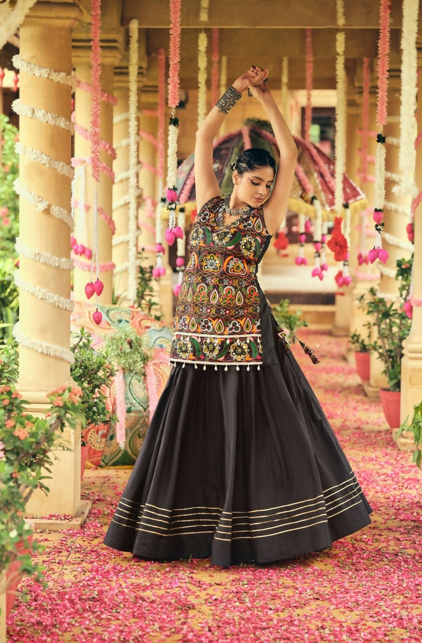 Teeya Creation Black Colour Rayon Silk Embroidery Work Fully Stitched Navratri Lehenga