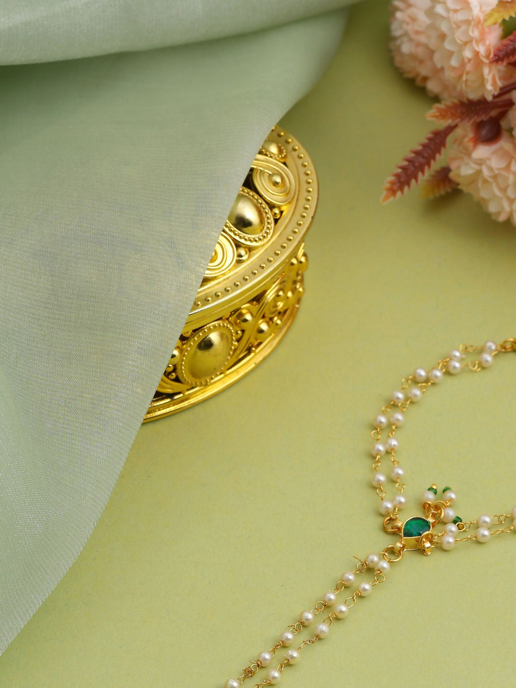 Ruby Raang Gold Hand Accessory With Green- White Kundan And Pearls - Distacart