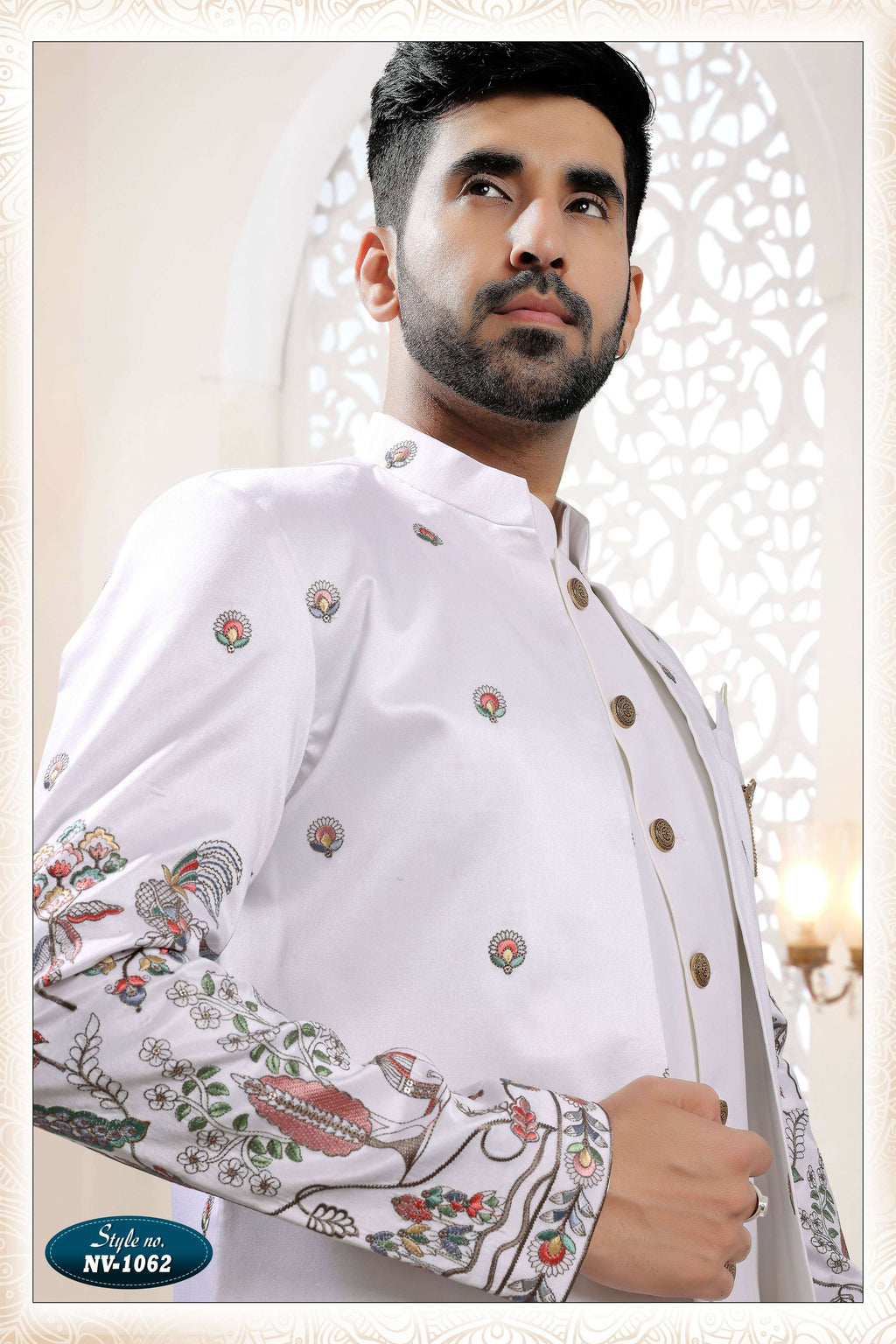 Joban Fashion Men's White Straight Silk Thread And Sequence Embroidery All Over 3 Pc Kurta Set
