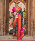 Black Silk Abstract Printed Saree With Unstitched Blouse Piece - Aanchal