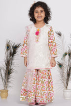 Little Bansi Girls Cotton Floral work Kurta with Floral Sharara & Dupatta - White