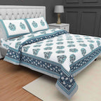 Queen Size 230x270 Cms Jaipuri Hand Block Printed Traditional 144TC Cotton Bedsheet with 2 Pillow Covers