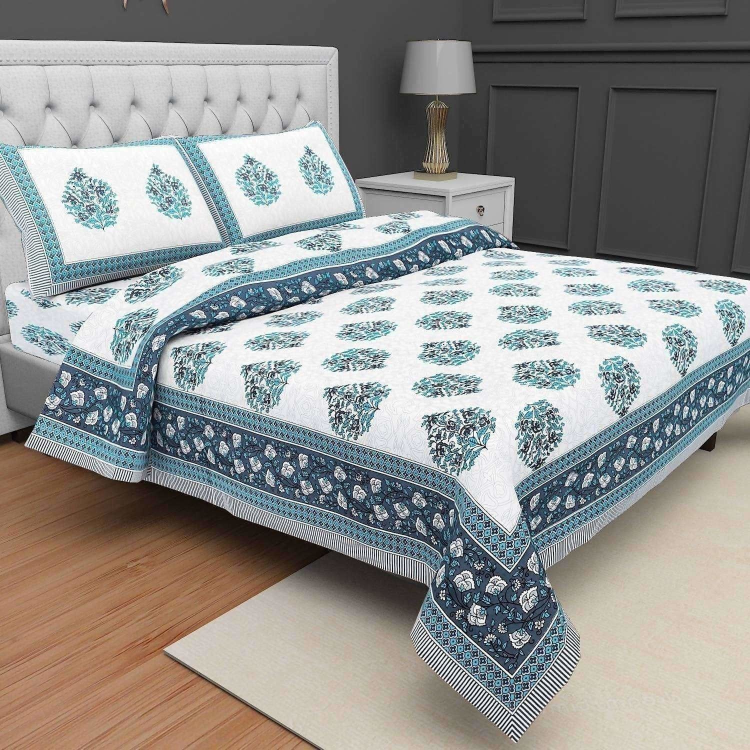 Queen Size 230x270 Cms Jaipuri Hand Block Printed Traditional 144TC Cotton Bedsheet with 2 Pillow Covers