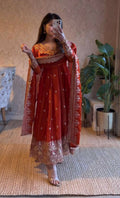 Teeya Creation Orange Fendi Silk Designer Heavy Work Wedding Wear Long Gown