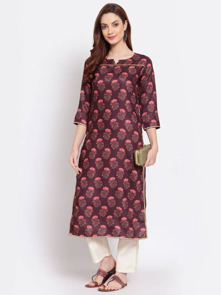 Myshka Women's Wine Printed Pashmeena 3/4 Sleeve Round Neck Casual Winter Kurta