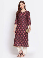 Myshka Women's Wine Printed Pashmeena 3/4 Sleeve Round Neck Casual Winter Kurta