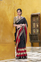 Vastranavya Black Printed with Zari Weaving Work Poly Cotton Saree & Unstitched Blouse - Distacart