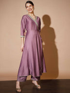 Myshka Women Mauve Solid Kurta & Palazzos With Dupatta - Distacart