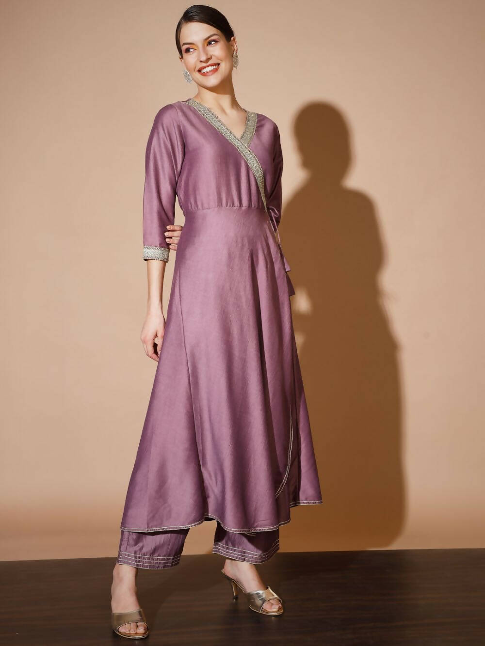 Myshka Women Mauve Solid Kurta & Palazzos With Dupatta - Distacart
