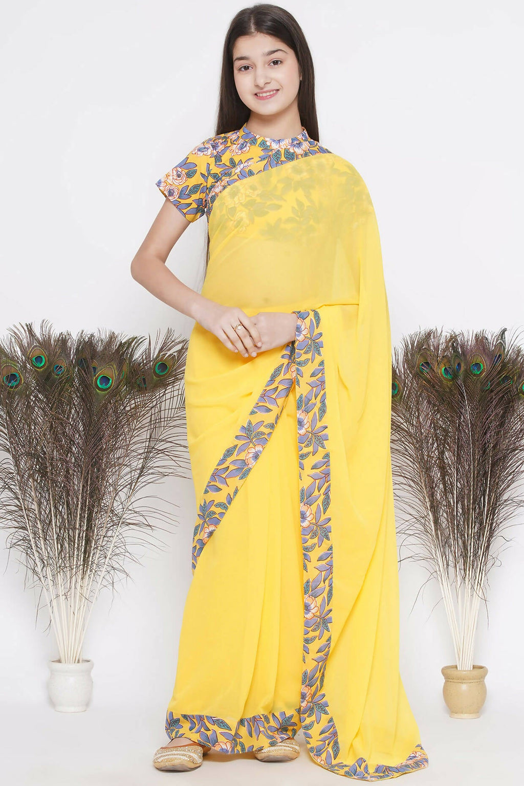 Little Bansi Floral Print Ready To Wear Saree And Floral Blouse - Yellow