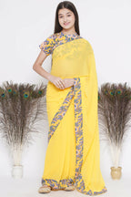 Little Bansi Floral Print Ready To Wear Saree And Floral Blouse - Yellow