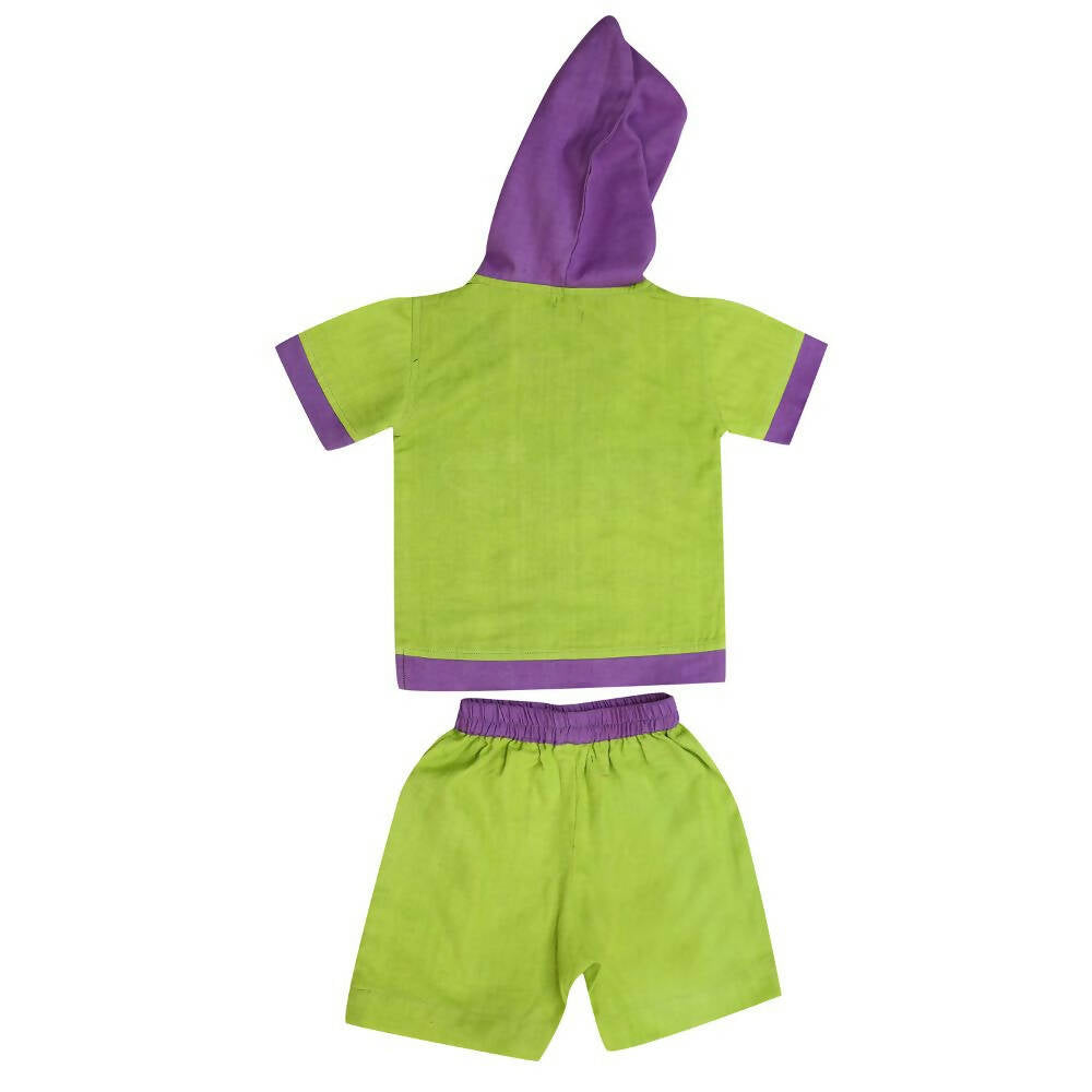 Mhyssa Croco Half sleeves Green and Purple Hoodie with Shorts Set For Kids
