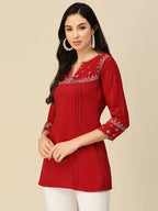 Red Chinon Floral Embroidered Top - Zeny