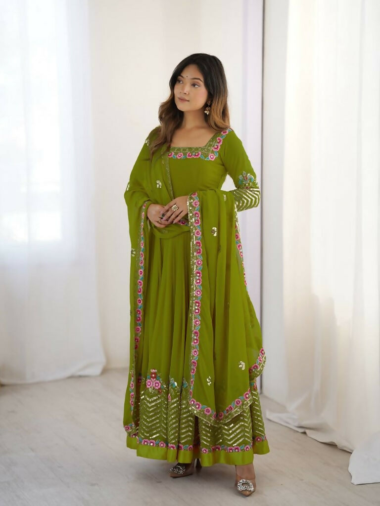 Teeya Creation Green Color Heavy Georgette Wedding Wear Embroidery Work Long Gown - Distacart