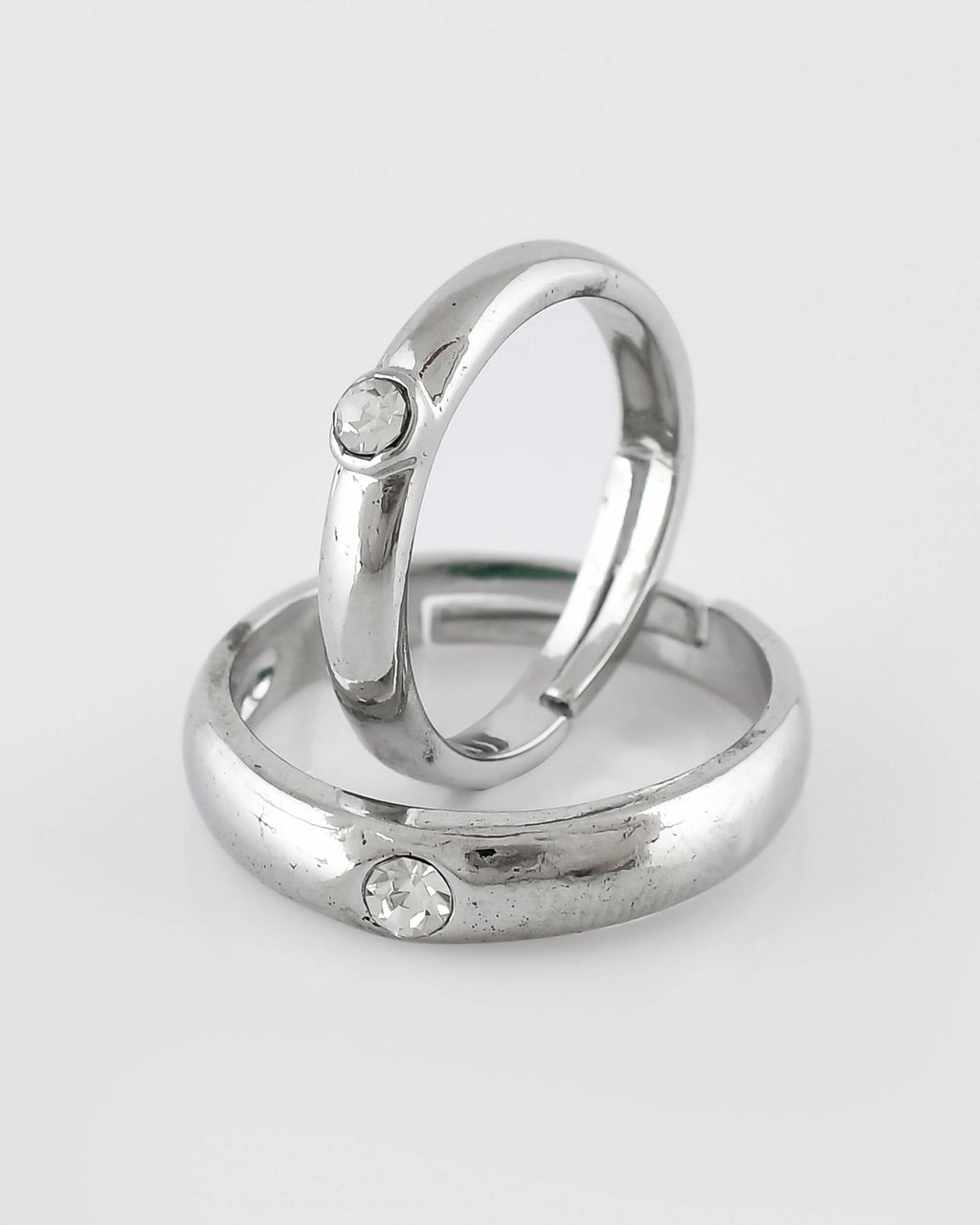 VOJ Stainless Steel Cubic Zirconia Silver Plated Adjustable Ring Set for Couple