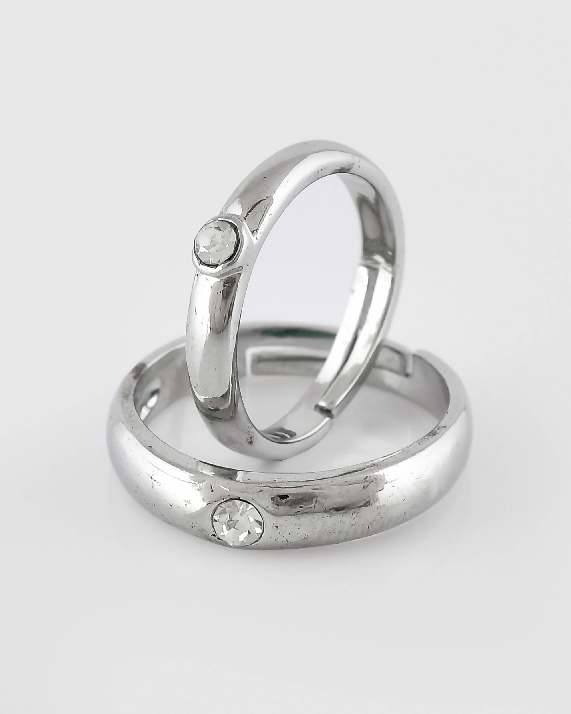 VOJ Stainless Steel Cubic Zirconia Silver Plated Adjustable Ring Set for Couple