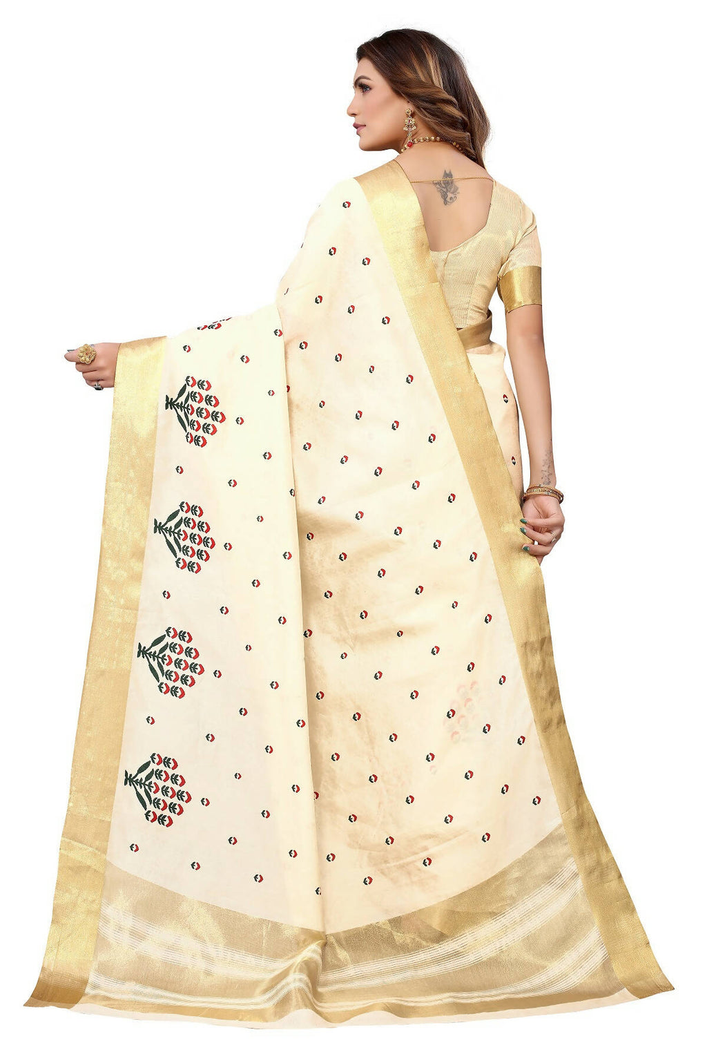 Vamika Cream Weaving Cotton Polyester Silk Saree - Distacart