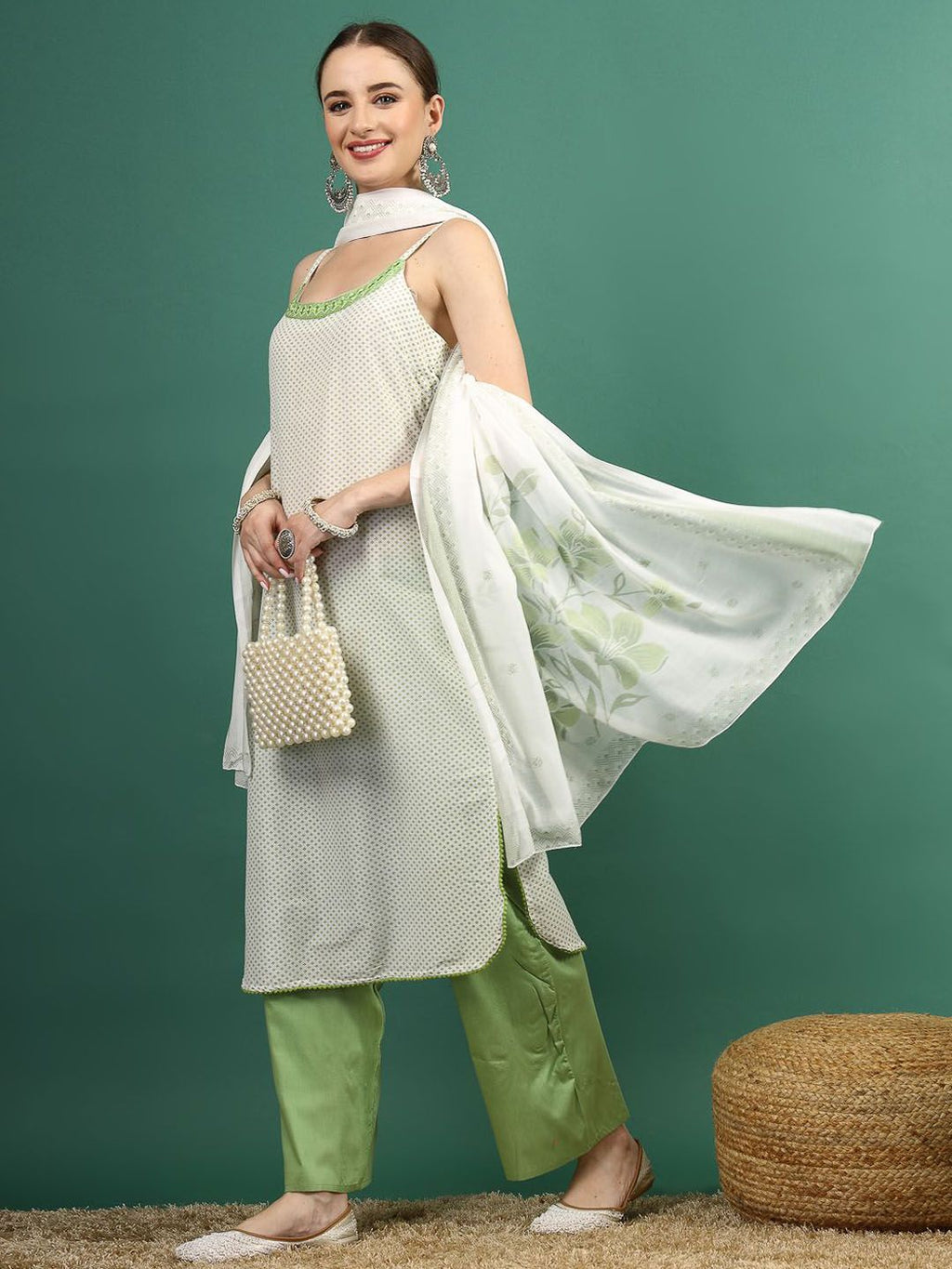 Sangria White Geometric Printed Shoulder Straps Mirror Work Kurta & Palazzos With Dupatta