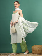 Sangria White Geometric Printed Shoulder Straps Mirror Work Kurta & Palazzos With Dupatta