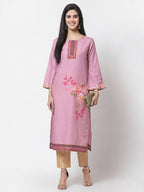 Myshka Pink Cotton Printed Full Sleeve Round Neck Casual Kurta