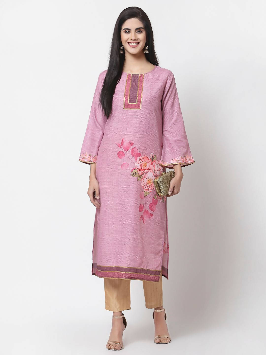 Myshka Pink Cotton Printed Full Sleeve Round Neck Casual Kurta